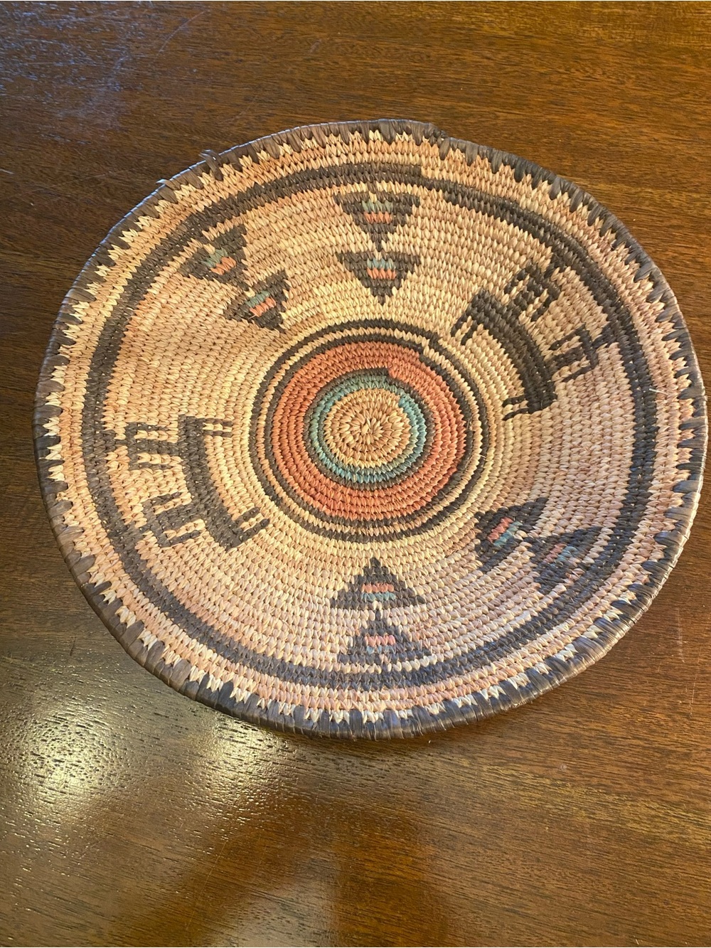 Vintage Southwestern Handmade Woven Basket Tray Horses 13” Native American Art